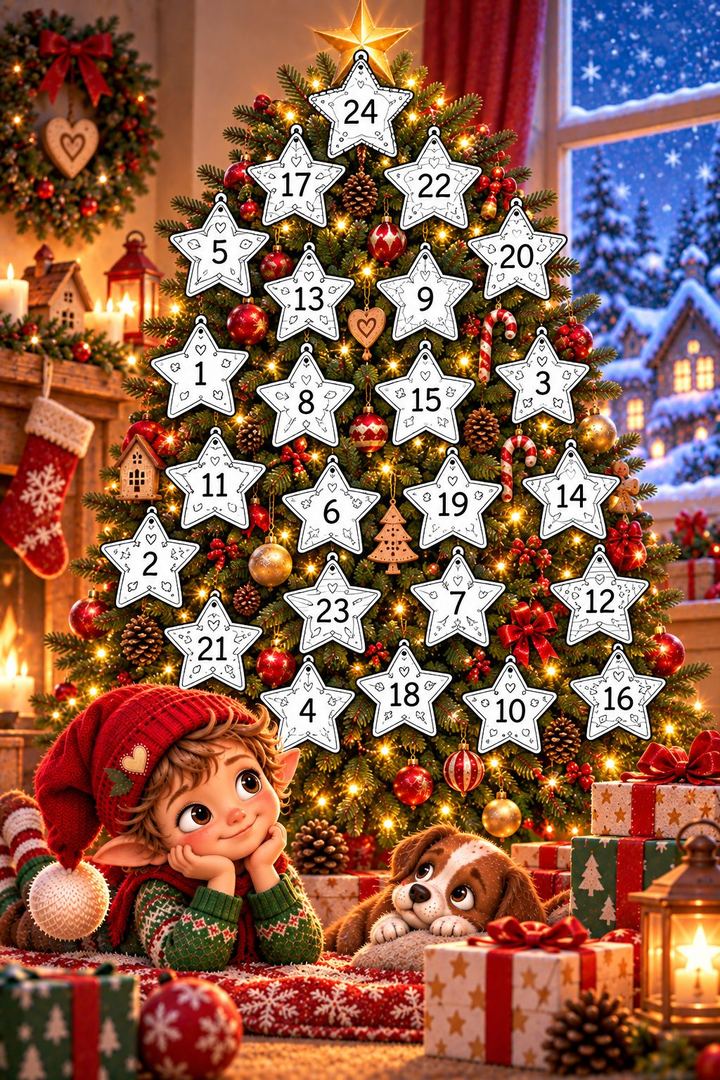 Ein geschmückter Christbaum mit 24 nummerierten Sternen. Milo und ein kleiner Hund liegen davor.